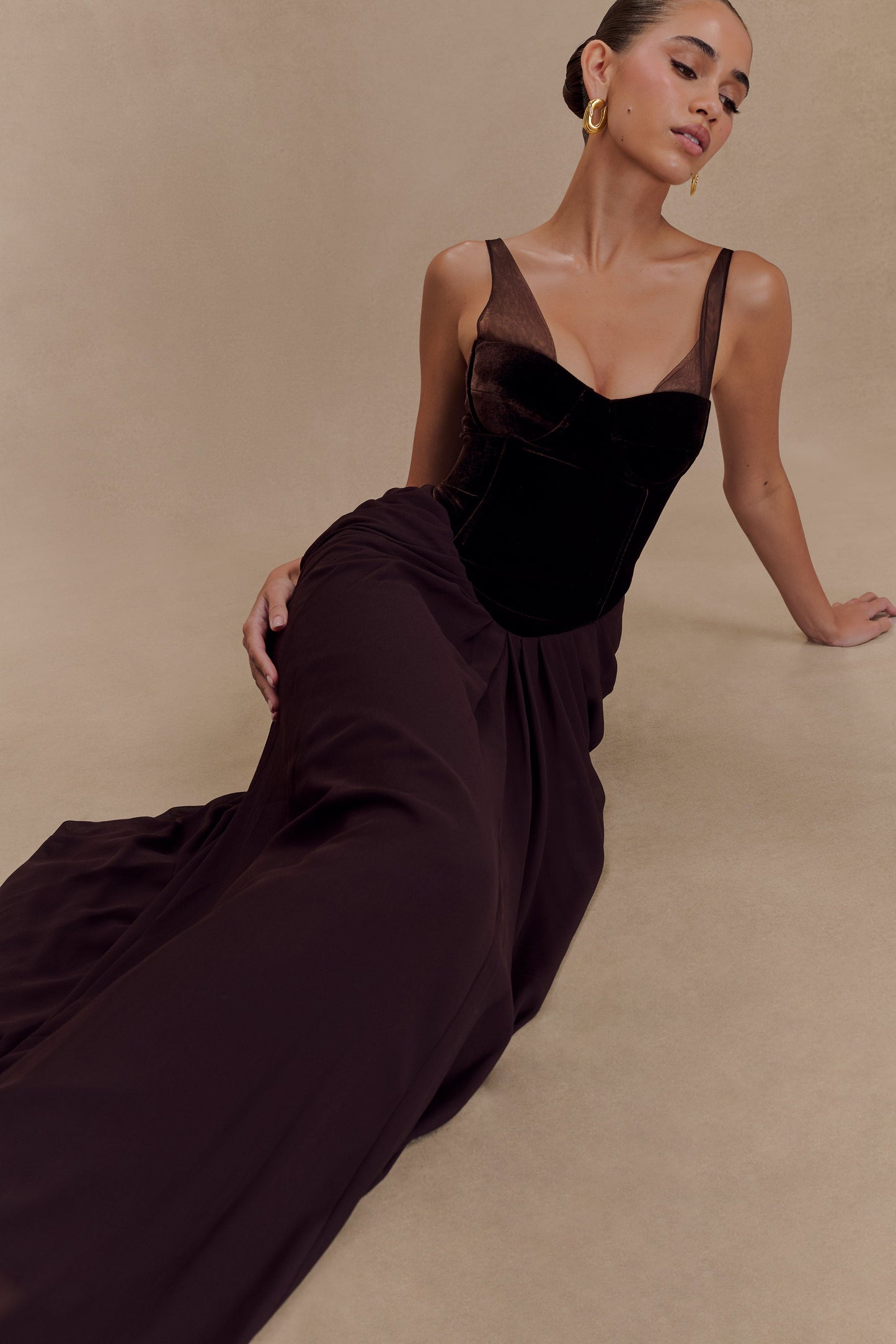 Roselia Velvet Corset Maxi Dress - Cacao Brown Limited Edition