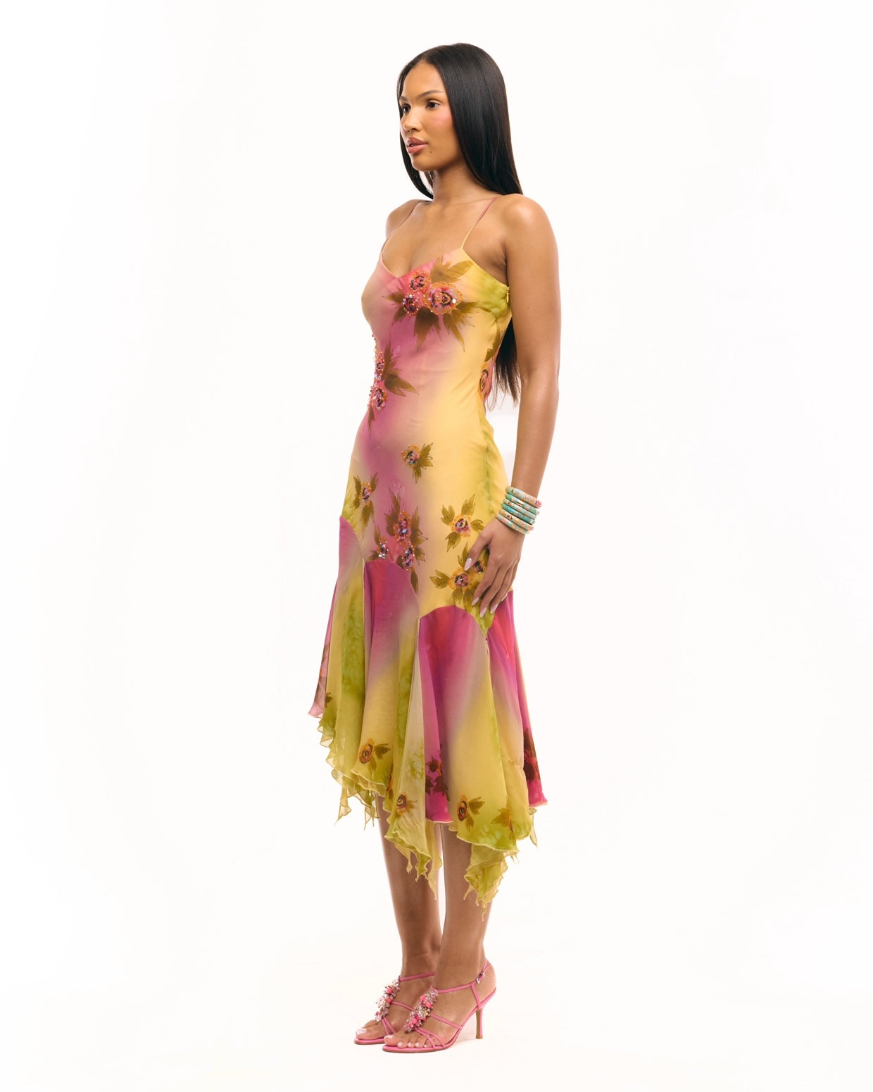 Cybersweeties Pinterest viral Colourful floral dress on a white background worn by 6kenza. Y2k, 2000s asymmetrical midi dress.  The Coral beaded watercolour hand painted dress - prom - evening dress - cocktail dress.