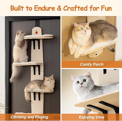 Door Mounted Cat Tree - Cat Ladder with Removable Soft Mat - 4 Levels - for Indoor Cats (Wood, 170.7 x 59.4 x 21.3 cm (H x L x W)