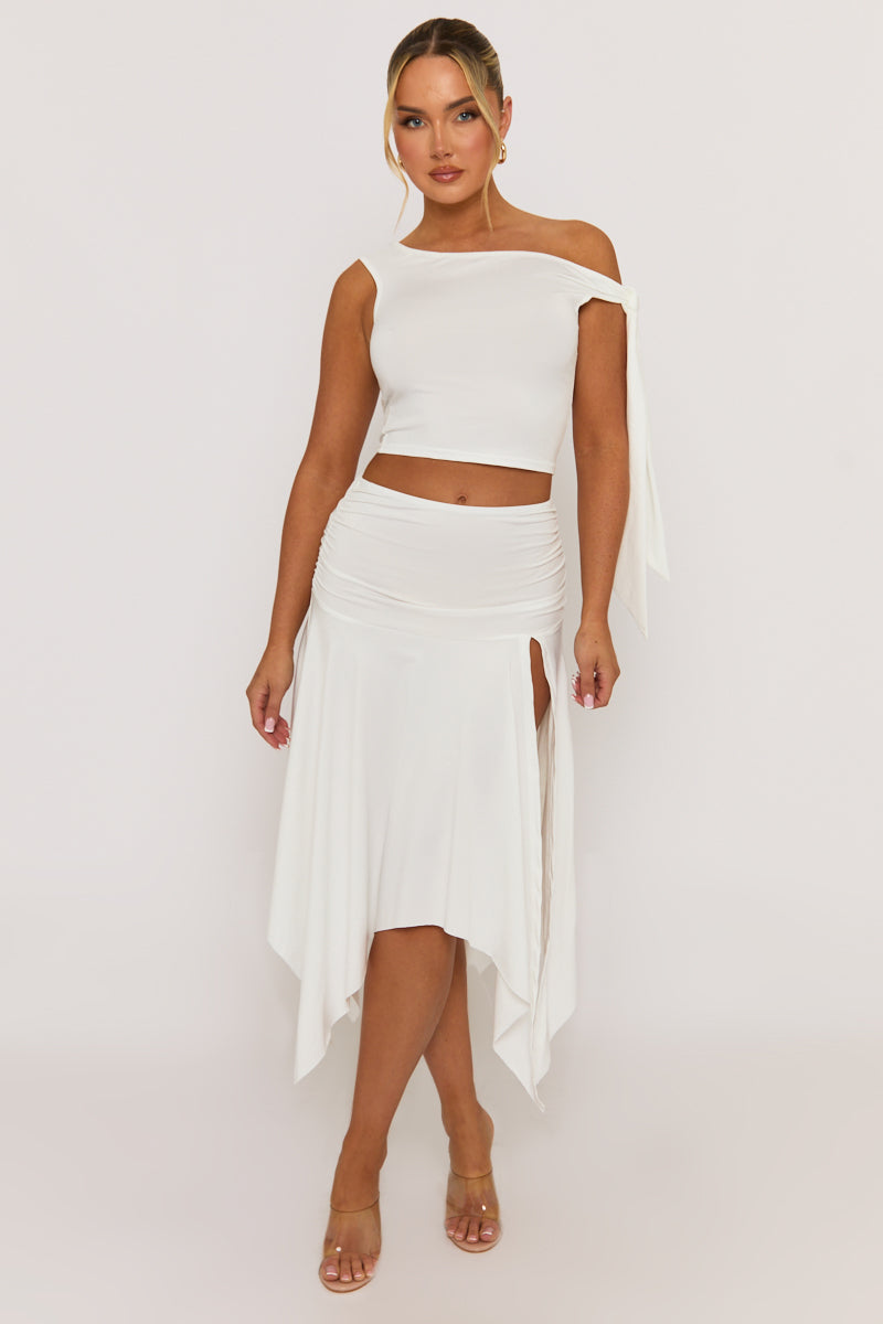 White Tie Shoulder Hanky Hem Skirt Co-ord Set