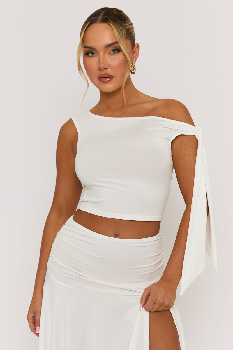 White Tie Shoulder Hanky Hem Skirt Co-ord Set