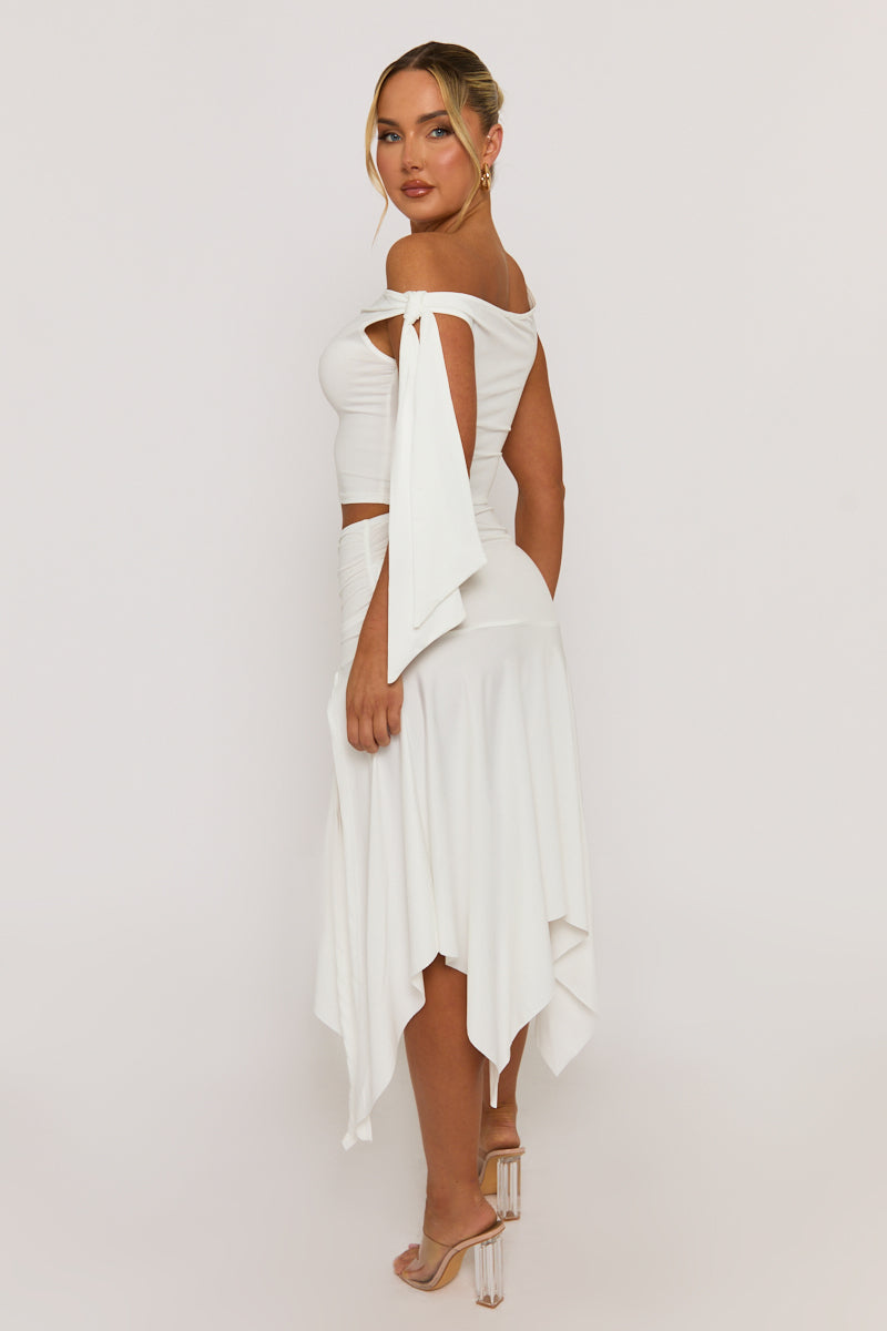 White Tie Shoulder Hanky Hem Skirt Co-ord Set