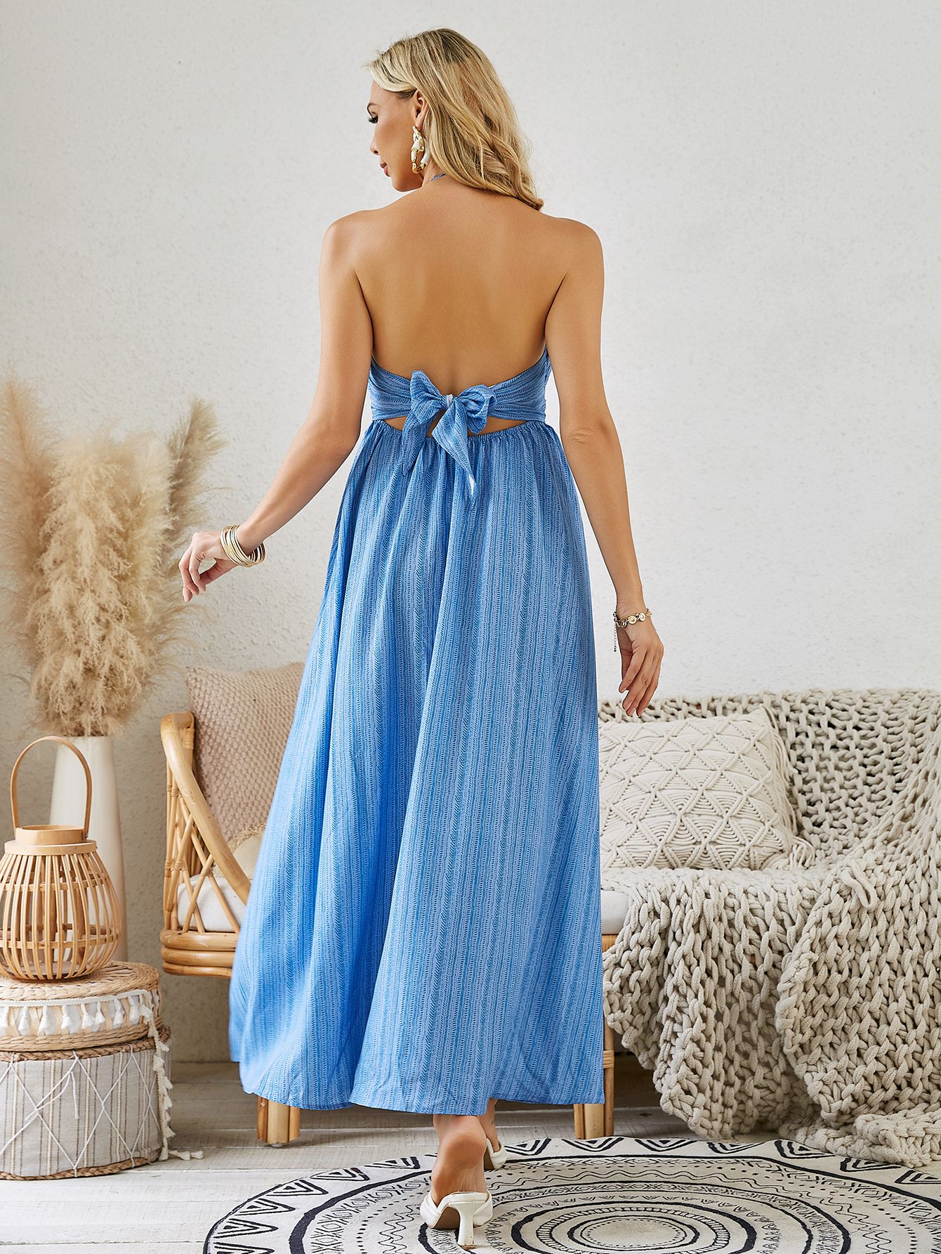Bohemian Halter Blue Maxi Dress