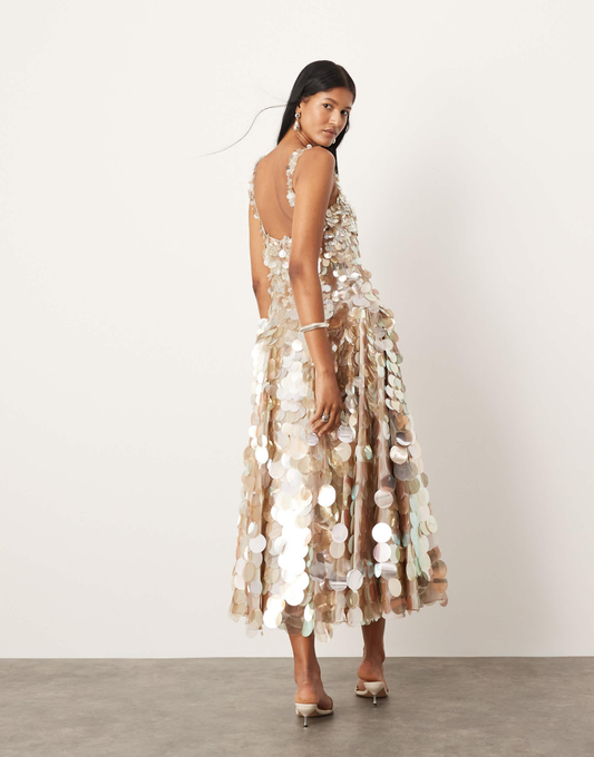 Celine Square Neck Disco Sequin Flare Midi Dress - Silver