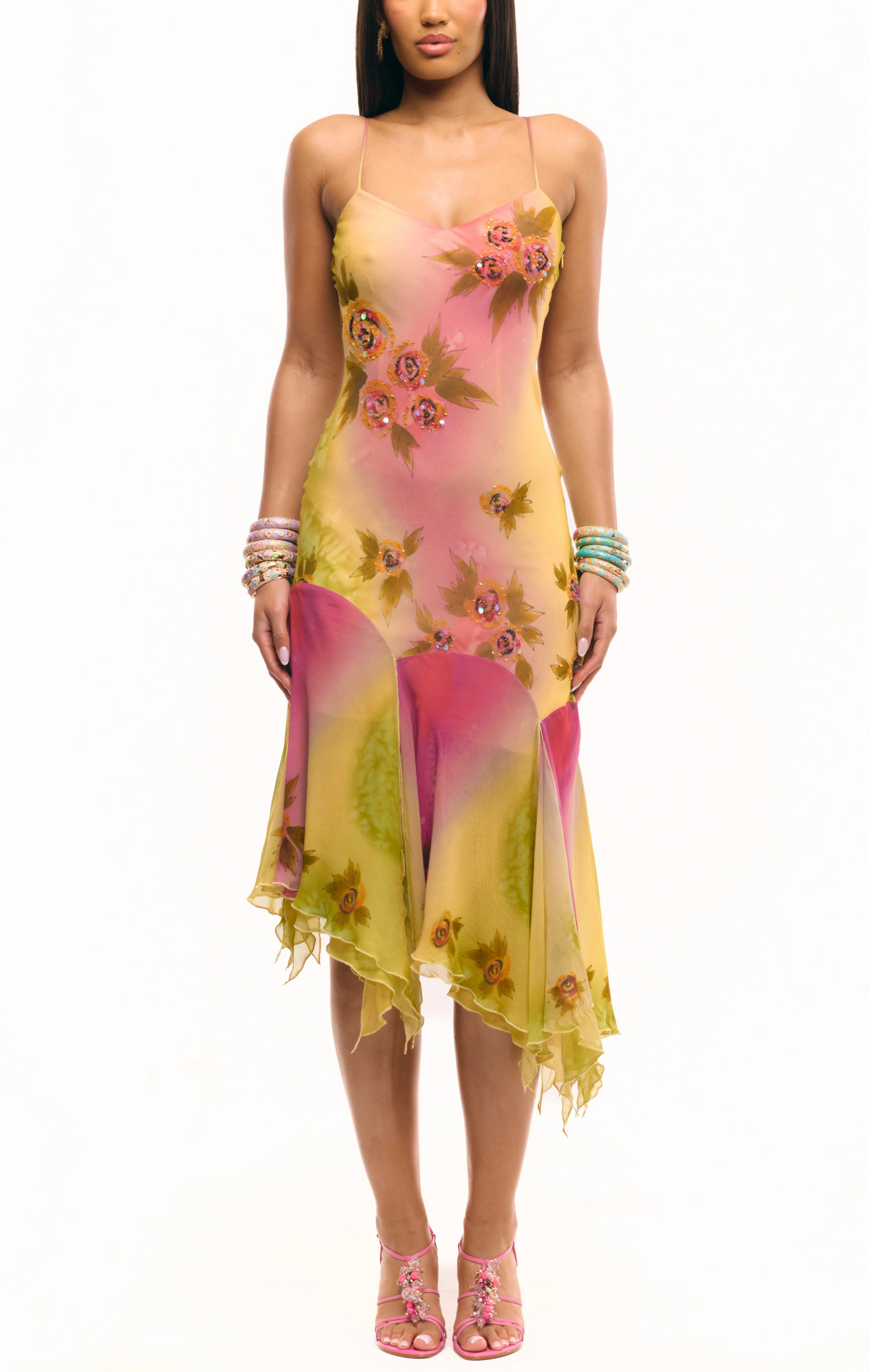 Cybersweeties Pinterest viral Colourful floral dress on a white background worn by 6kenza. Y2k, 2000s asymmetrical midi dress.  The Coral beaded watercolour hand painted dress - prom - evening dress - cocktail dress.