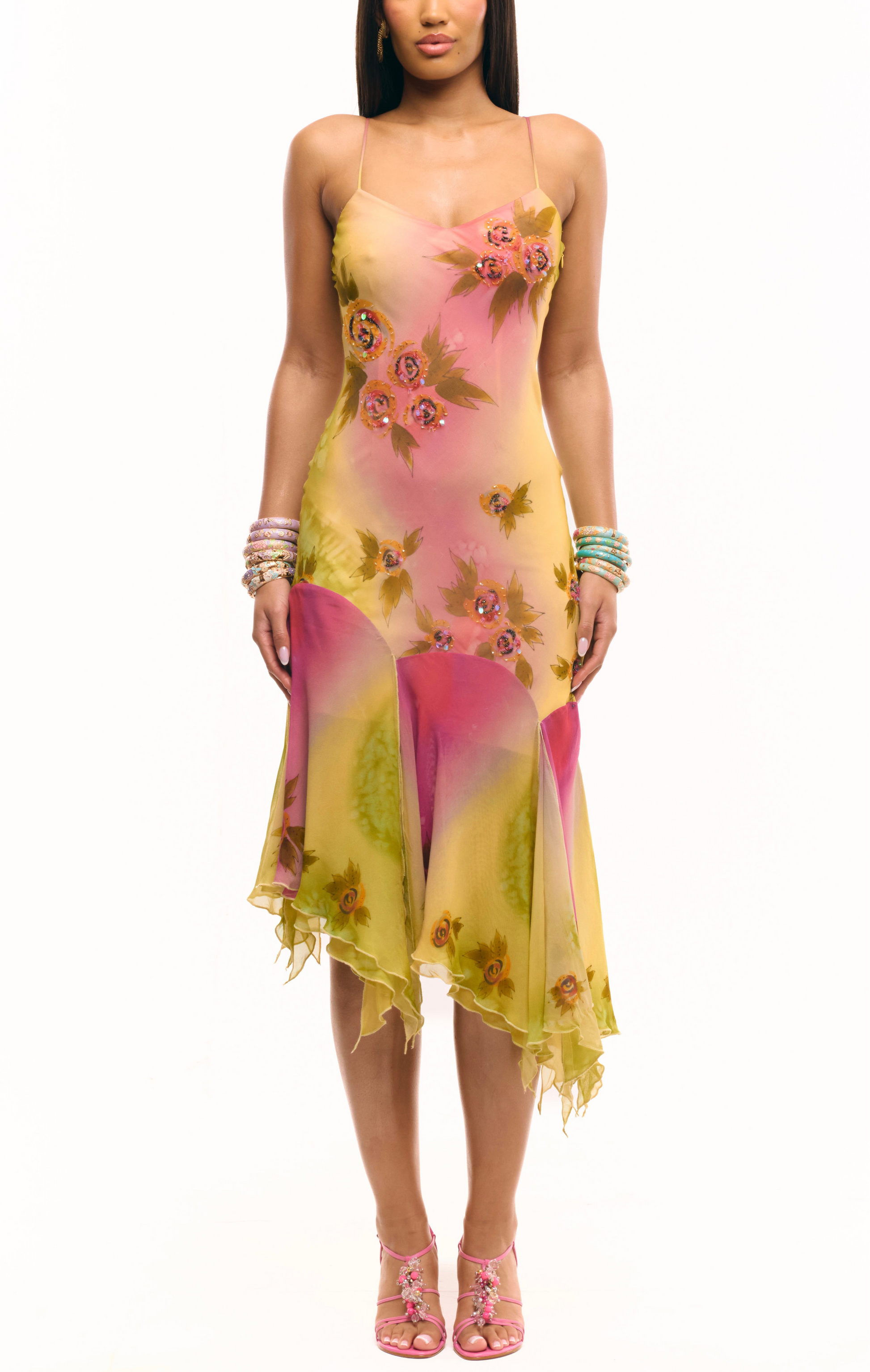Cybersweeties Pinterest viral Colourful floral dress on a white background worn by 6kenza. Y2k, 2000s asymmetrical midi dress.  The Coral beaded watercolour hand painted dress - prom - evening dress - cocktail dress.