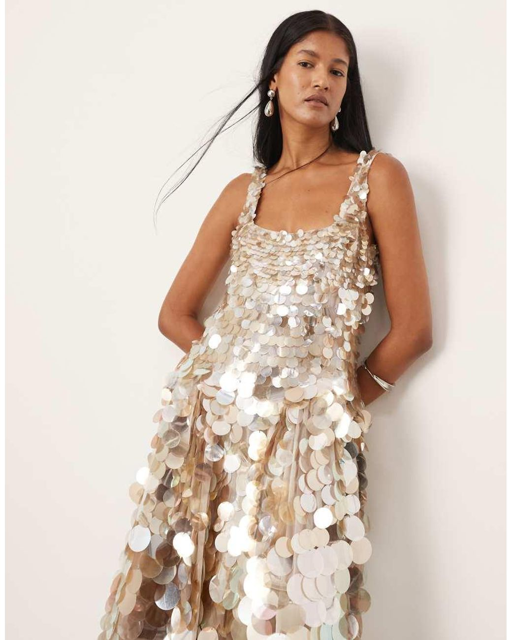 Celine Square Neck Disco Sequin Flare Midi Dress - Silver