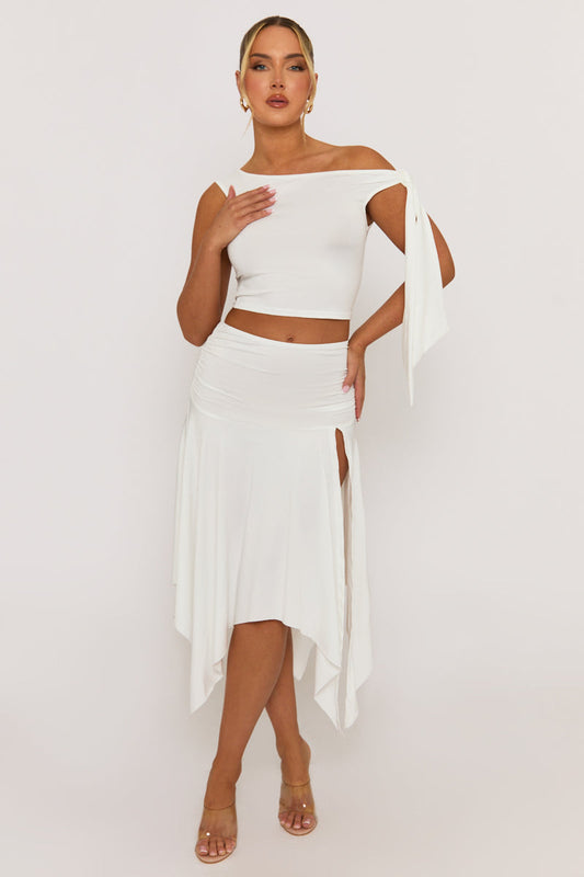 White Tie Shoulder Hanky Hem Skirt Co-ord Set