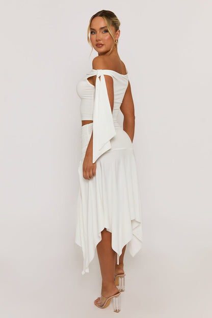 White Tie Shoulder Hanky Hem Skirt Co-ord Set