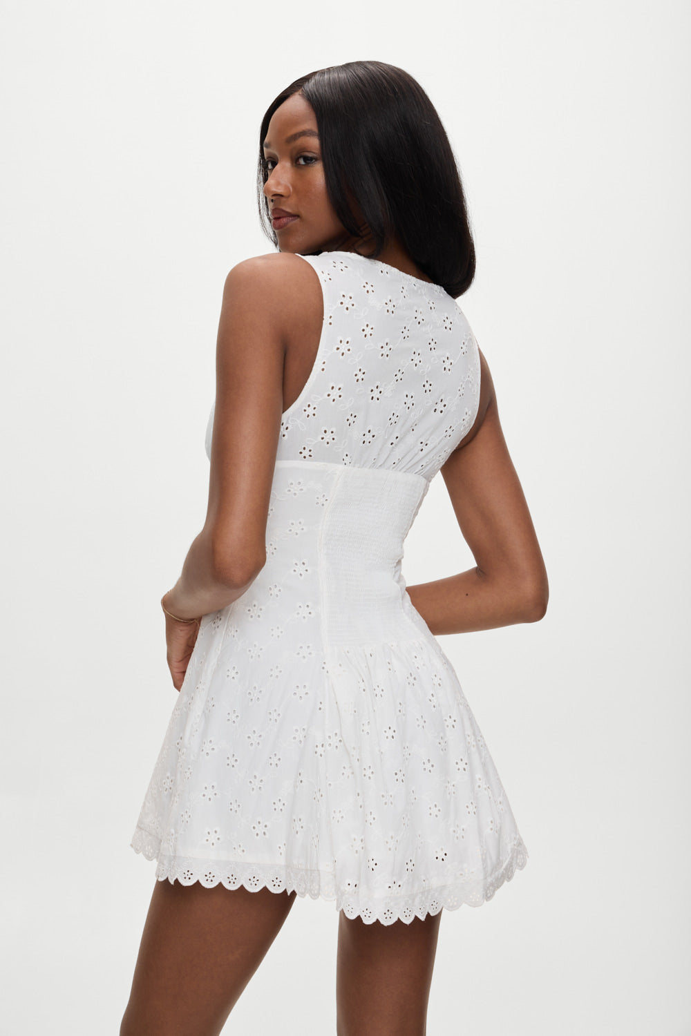 BELLA HADID Farm Eyelet Mini Dress Salt Air Eyelet